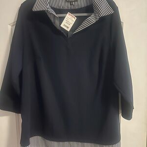 Adrianna Papell Navy Blue Button Down Shirt with Striped Collar